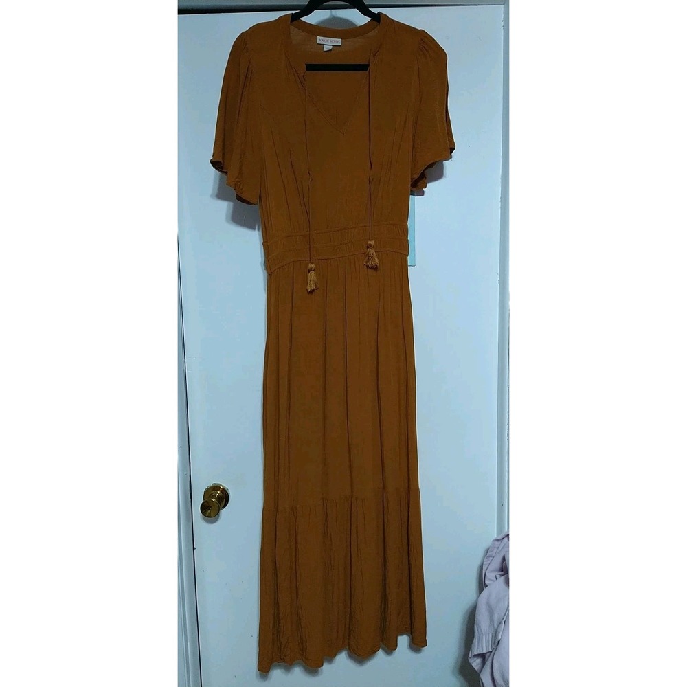 Knox Rose Dress Ladies Small Mustard Peasant Boho Gypsy Short Sleeve Shift Gauze